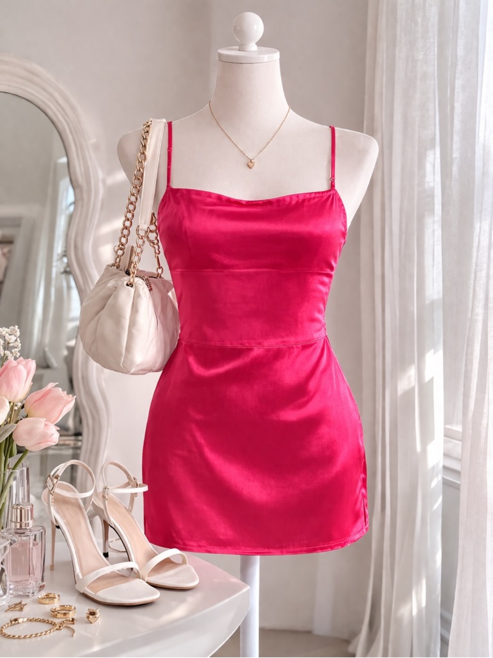 Parisian Hot Pink Satin Mini Dress